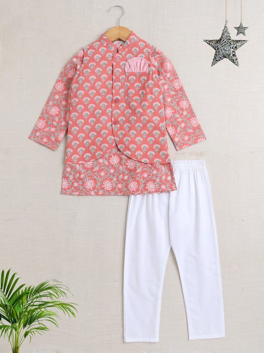 Full Sleeves Floral Printed Kurta Pyjama With Jacket Set - Peach