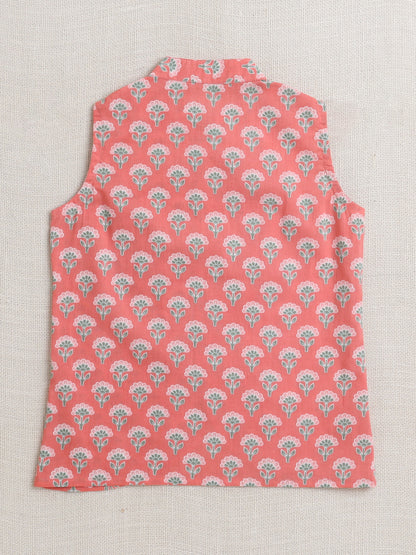 Full Sleeves Floral Printed Kurta Pyjama With Jacket Set - Peach