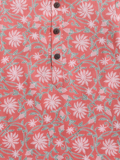 Full Sleeves Floral Printed Kurta Pyjama With Jacket Set - Peach