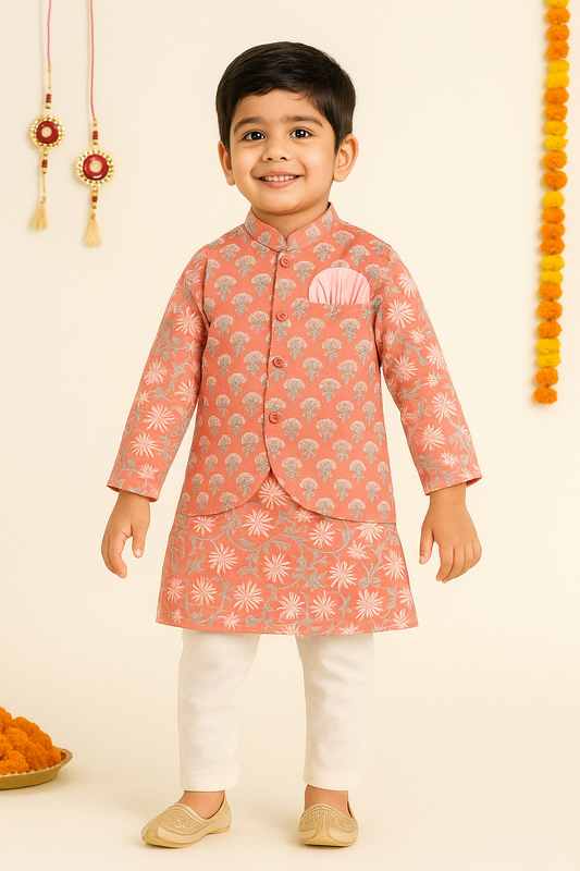 Full Sleeves Floral Printed Kurta Pyjama With Jacket Set - Peach