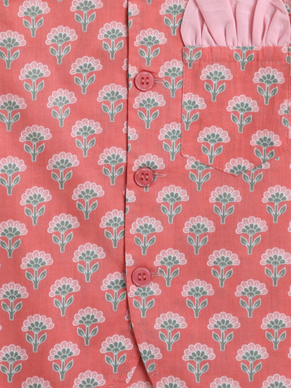 Full Sleeves Floral Printed Kurta Pyjama With Jacket Set - Peach