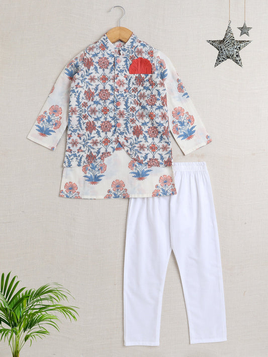 Cotton Full Sleeves Floral Printed Kurta Pyjama With Jacket Set - Blue & White