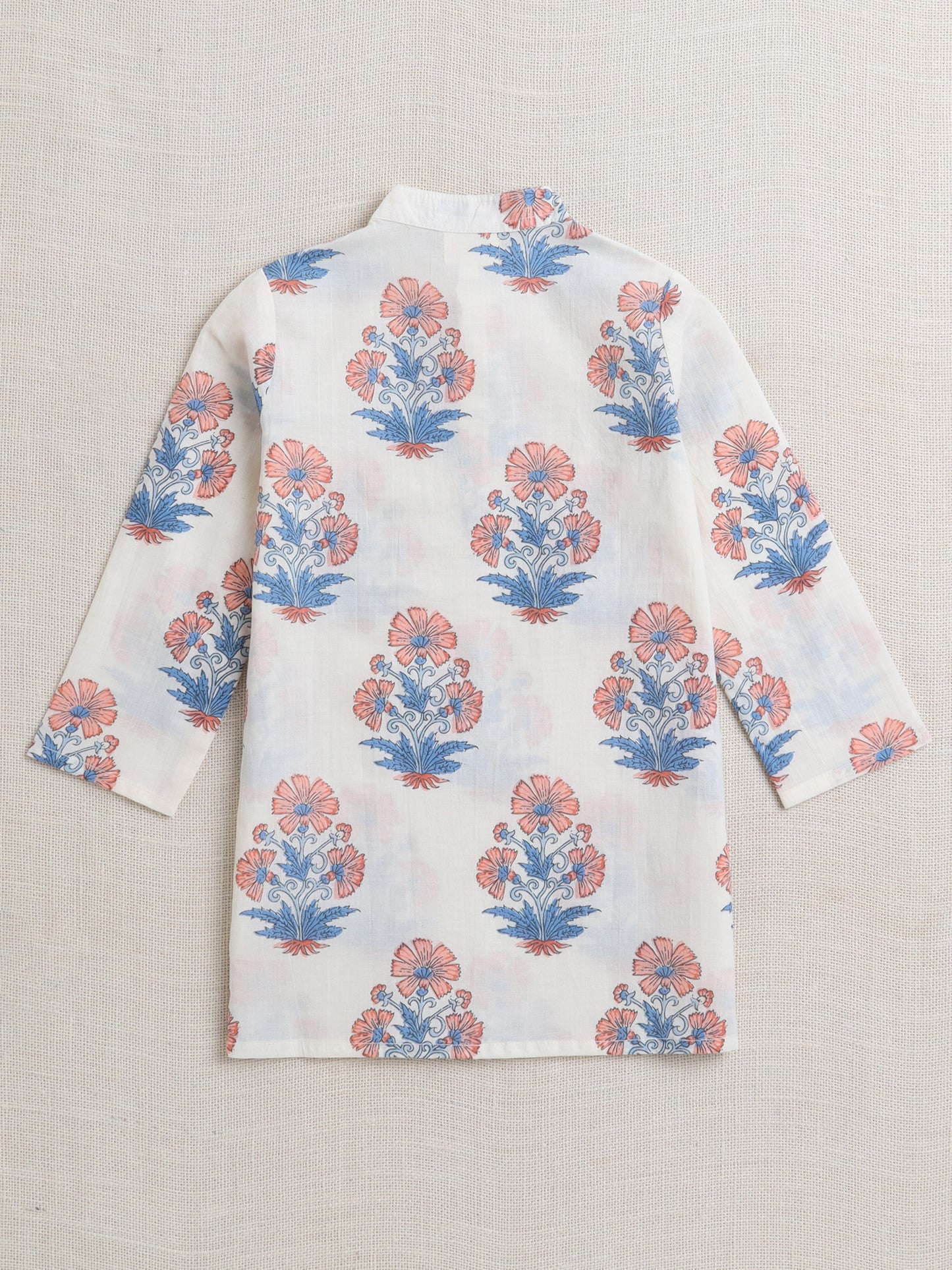 Cotton Full Sleeves Floral Printed Kurta Pyjama With Jacket Set - Blue & White