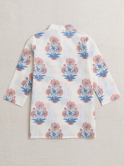 Cotton Full Sleeves Floral Printed Kurta Pyjama With Jacket Set - Blue & White