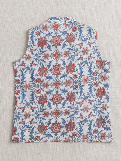 Cotton Full Sleeves Floral Printed Kurta Pyjama With Jacket Set - Blue & White