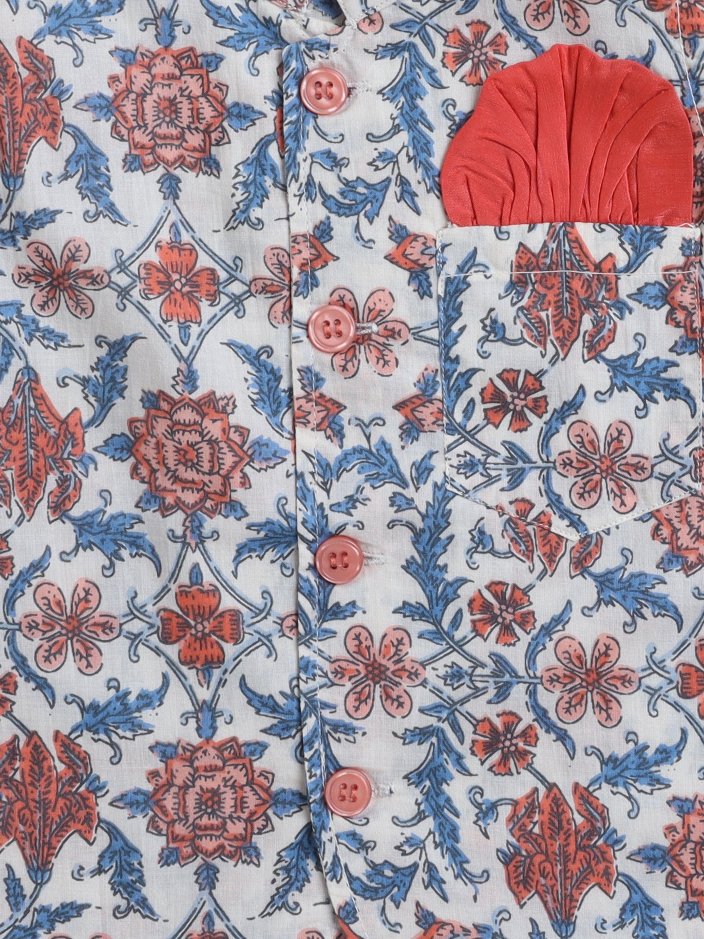 Cotton Full Sleeves Floral Printed Kurta Pyjama With Jacket Set - Blue & White