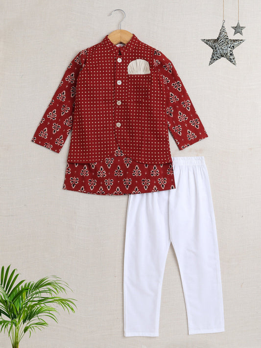 Cotton Full Sleeves Floral Motifs Printed Kurta Pyjama With Jacket Set - Maroon