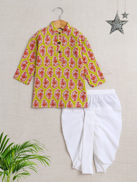 The Magic Wand Cotton Full Sleeve  All Over Printed Kurta and Dhoti Set Yellow