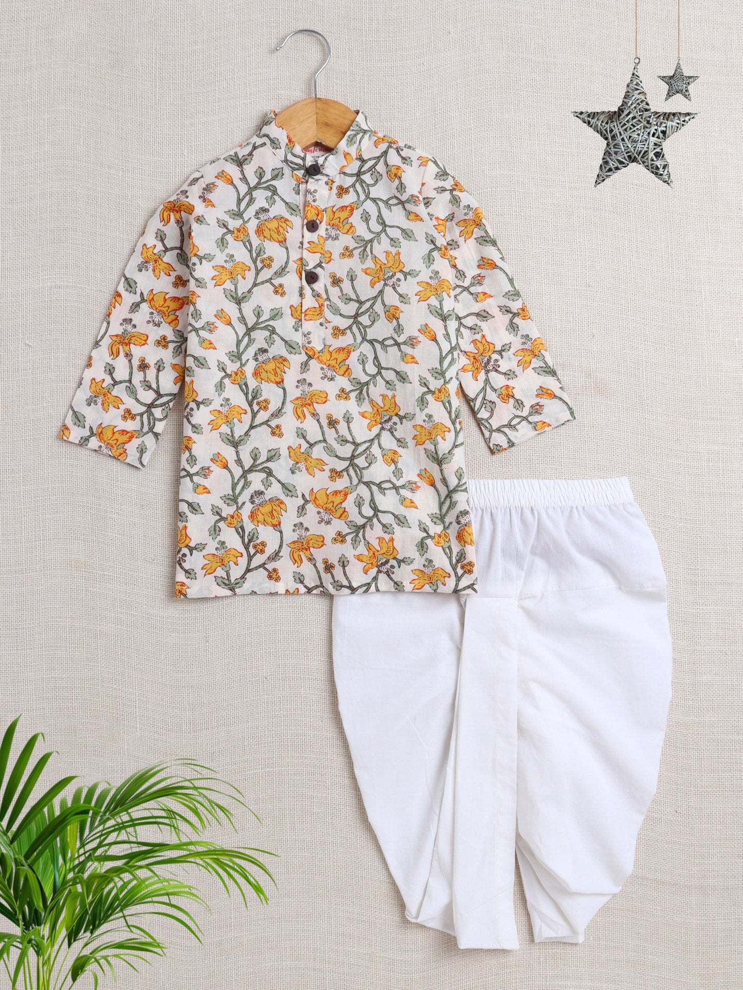 Cotton Full Sleeve All Over Printed Kurta and Dhoti Set- Off white