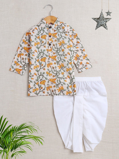 Cotton Full Sleeve All Over Printed Kurta and Dhoti Set- Off white