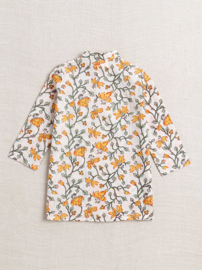 Cotton Full Sleeve All Over Printed Kurta and Dhoti Set- Off white