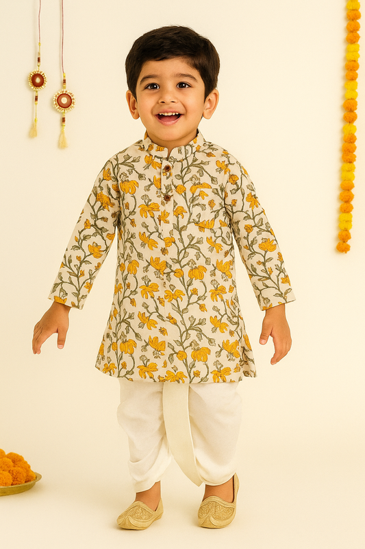 Cotton Full Sleeve All Over Printed Kurta and Dhoti Set- Off white