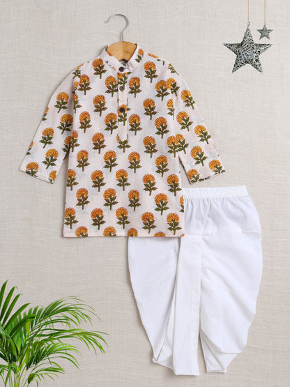 The Magic Wand Cotton Full Sleeve All Over Printed Kurta Dhoti Set- Off white