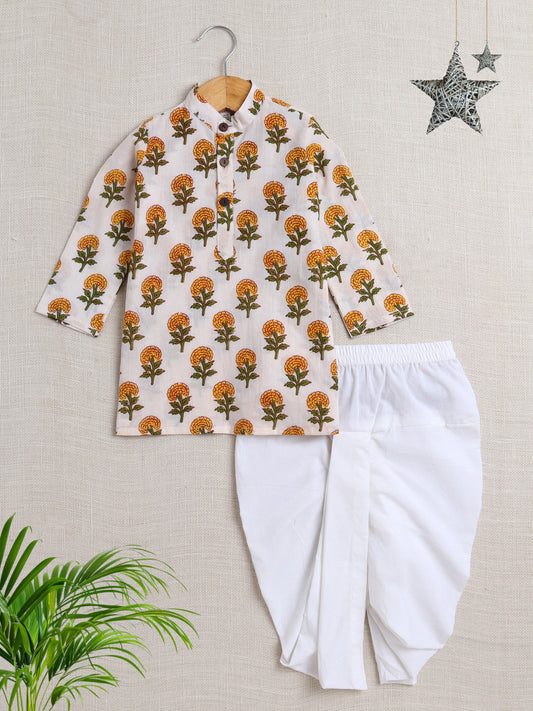 The Magic Wand Cotton Full Sleeve All Over Printed Kurta Dhoti Set- Off white