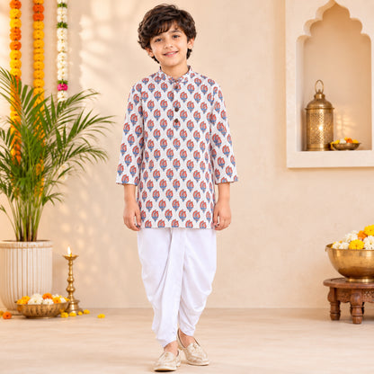 The Magic Wand Cotton Full Sleeve All Over Printed Kurta Dhoti Sets - Off white
