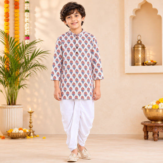The Magic Wand Cotton Full Sleeve All Over Printed Kurta Dhoti Sets - Off white