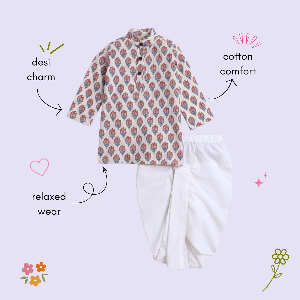 The Magic Wand Cotton Full Sleeve All Over Printed Kurta Dhoti Sets - Off white