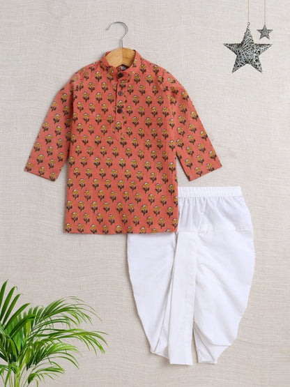 The Magic Wand Cotton Full Sleeve All Over Printed Kurta and Dhoti Set Peach