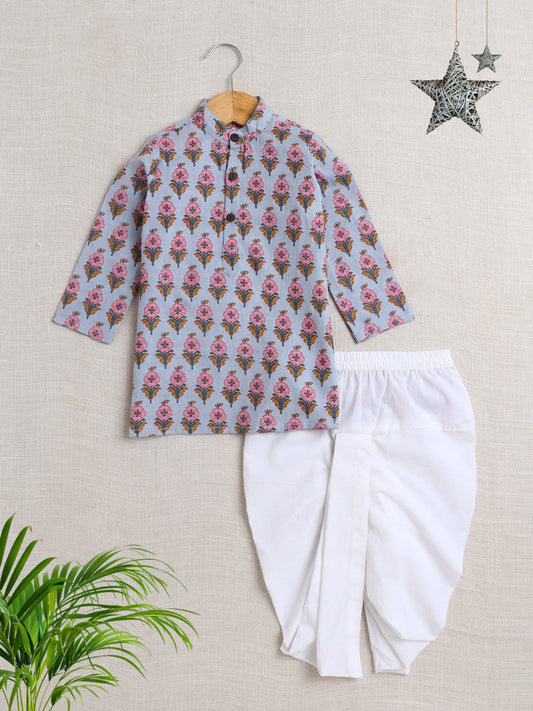 The Magic Wand Cotton Full Sleeve All Over Printed Kurta Dhoti Set- Blue