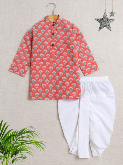 The Magic Wand Cotton Full Sleeve All Over Printed Kurta Dhoti Sets - Peach