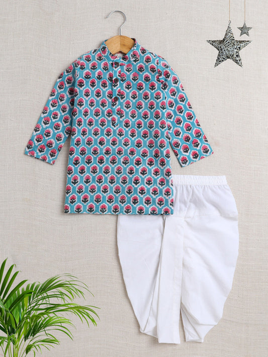 The Magic Wand Cotton Full Sleeve All Over Printed Kurta and Dhoti Set Blue
