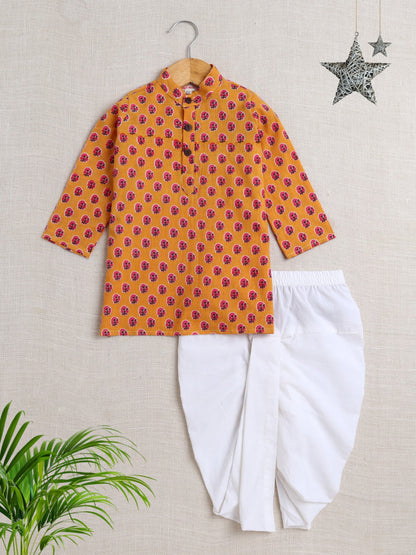 The Magic Wand Cotton Full Sleeve All Over Printed Kurta and Dhoti Set Mustard