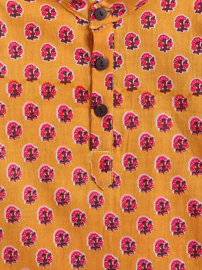 The Magic Wand Cotton Full Sleeve All Over Printed Kurta and Dhoti Set Mustard
