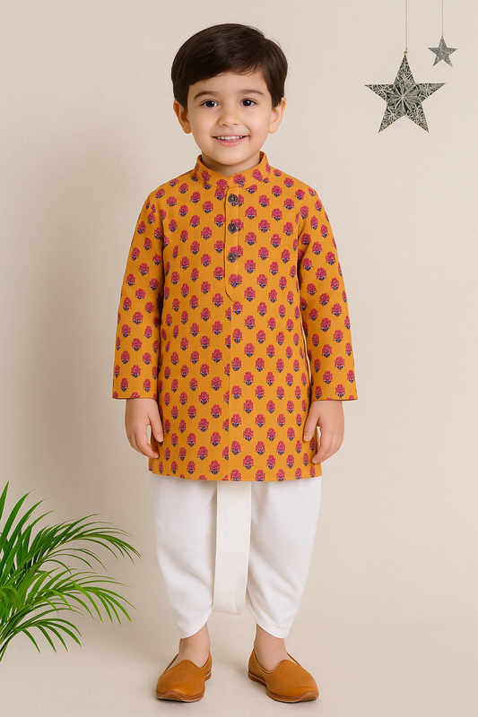 Cotton Full Sleeve All Over Printed Kurta and Dhoti Set-Mustard