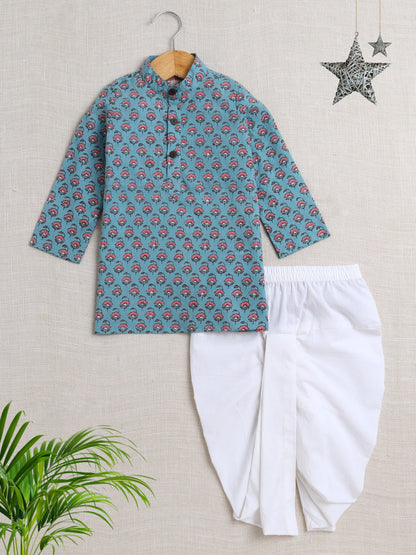 The Magic Wand Cotton Full Sleeve All Over Printed Kurta and Dhoti Set-Teal