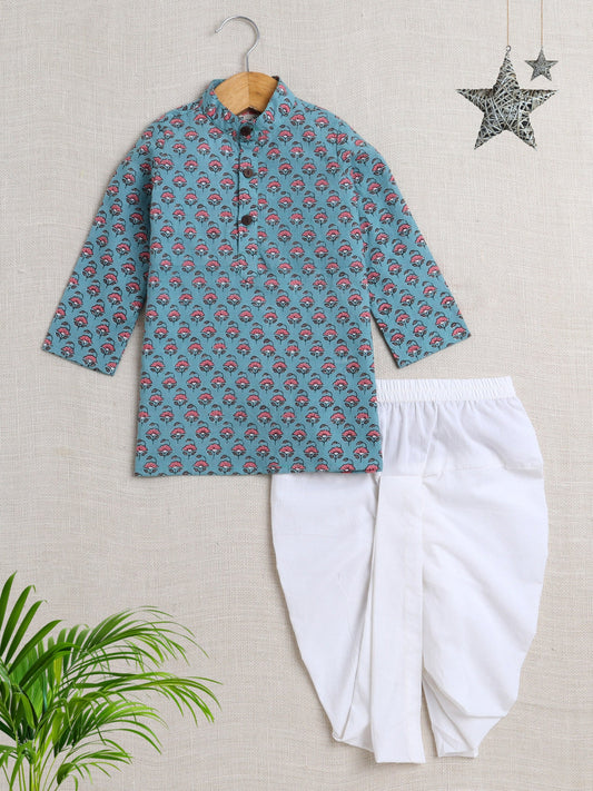 The Magic Wand Cotton Full Sleeve All Over Printed Kurta and Dhoti Set-Teal