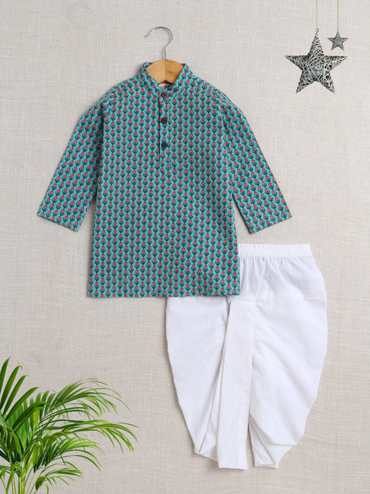 The Magic Wand Cotton Full Sleeve All Over Printed Kurta and Dhoti Set-Teal