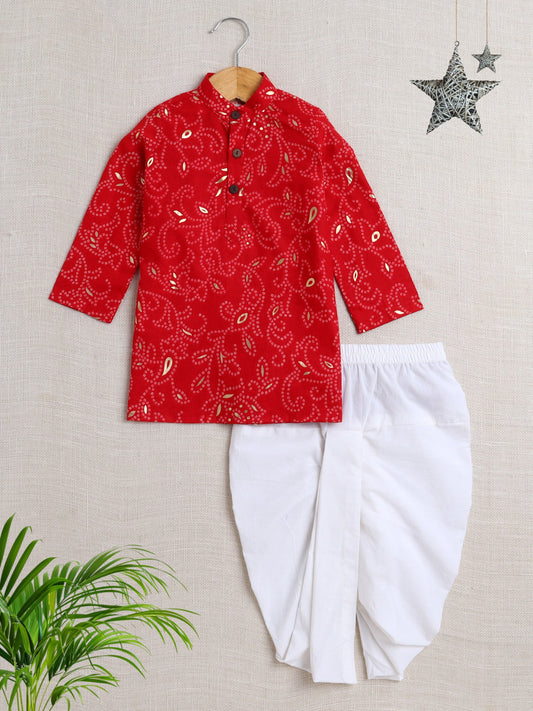 The Magic Wand Cotton Full Sleeve All Over Printed Kurta and Dhoti Set Red