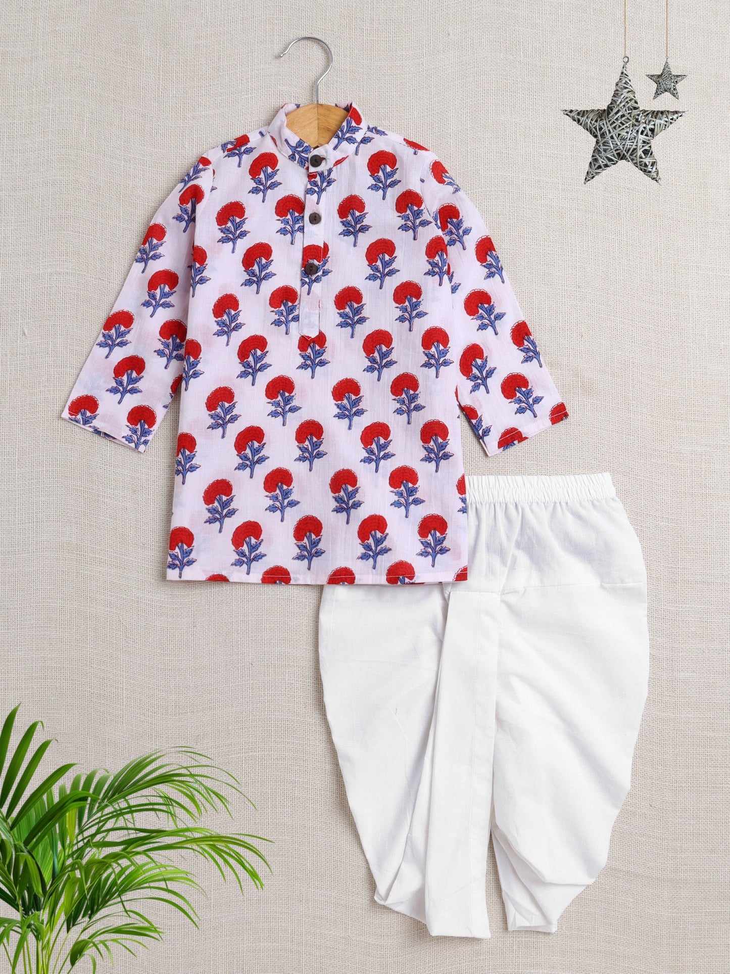Cotton Full Sleeve All Over Printed Kurta and Dhoti Set- White