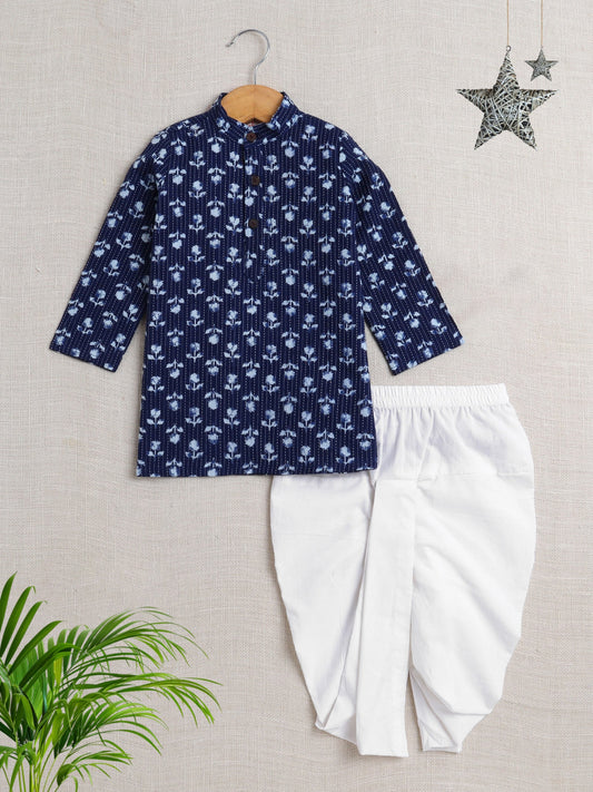The Magic Wand Cotton Full Sleeve All Over Printed Kurta and Dhoti Set Navy Blue