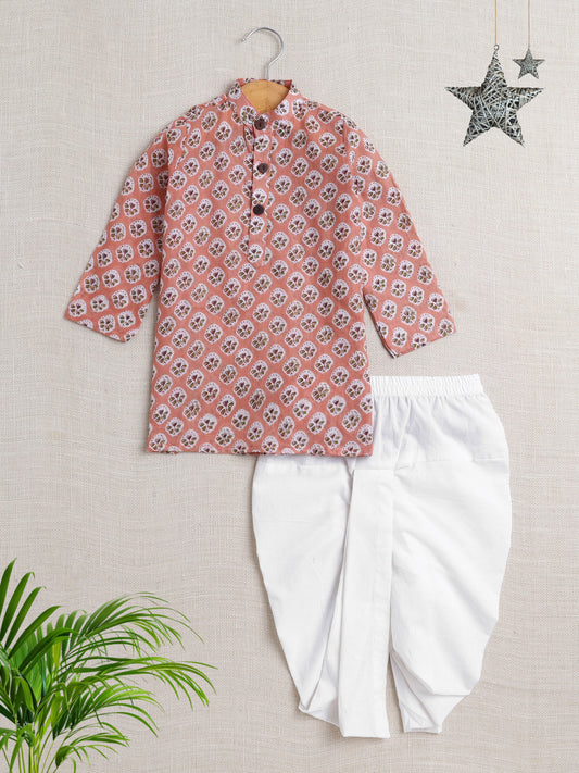 The Magic Wand Cotton Full Sleeve All Over Printed Kurta Dhoti Set- Peach