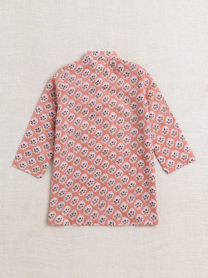 The Magic Wand Cotton Full Sleeve All Over Printed Kurta Dhoti Set- Peach