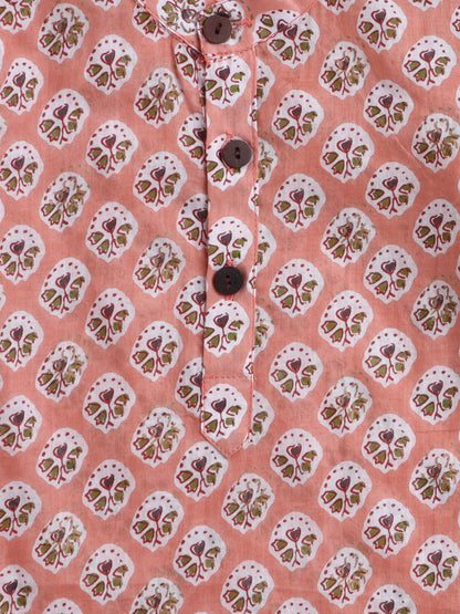 The Magic Wand Cotton Full Sleeve All Over Printed Kurta Dhoti Set- Peach
