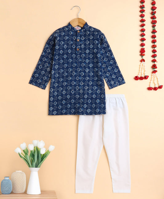 The Magic Wand Cotton Geometric  Printed Full Sleeves Kurta with Pyjama Set - Blue