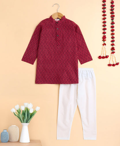 The Magic Wand Cotton Hand Block Printed Full Sleeves Kurta with Pyjama Set - Pink