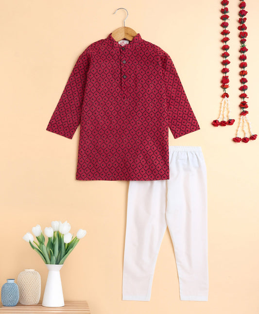 The Magic Wand Cotton Hand Block Printed Full Sleeves Kurta with Pyjama Set - Pink