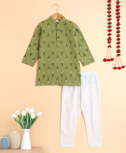 The Magic Wand Cotton Ikat Printed Full Sleeves  Kurta with Pyjama Set - Green