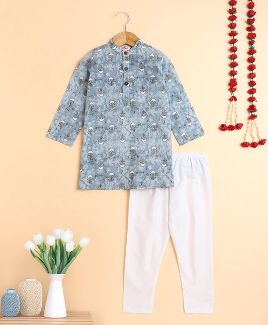 The Magic Wand Cotton Floral Printed Full Sleeves  Kurta with Pyjama Set - Grey