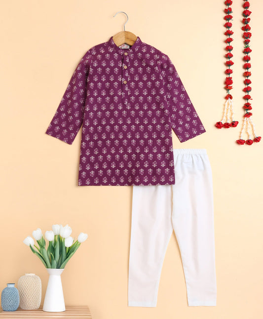 The Magic Wand Cotton Floral Printed Full Sleeves  Kurta with Pyjama Set - Purple