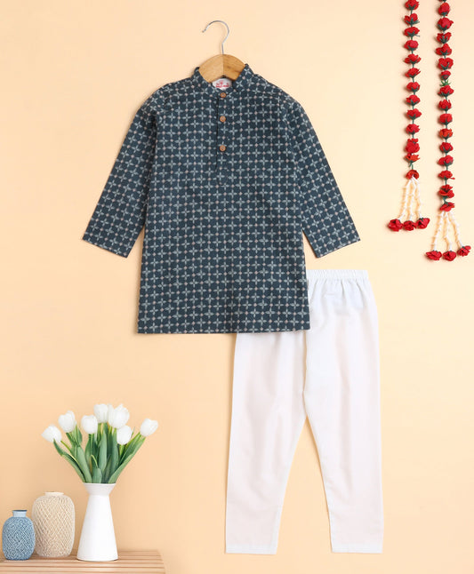 The Magic Wand Cotton All Over Printed Full Sleeves  Kurta with Pyjama Set - Blue