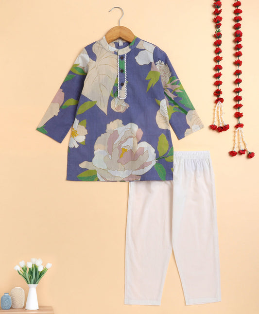 The Magic Wand Cambric Cotton woven Full Sleeves Big Floral Lace Detail  Kurta Pyjama Set - Blue