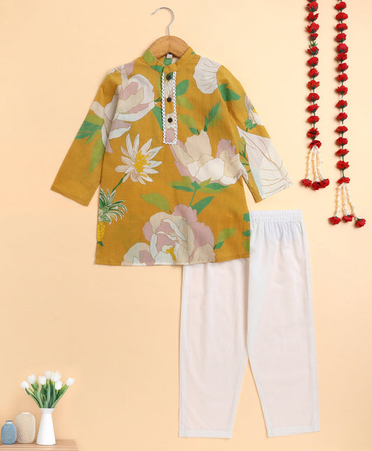 The Magic Wand Cambric Cotton woven Full Sleeves Big Floral Lace Detail  Kurta Pyjama Set - Mustard