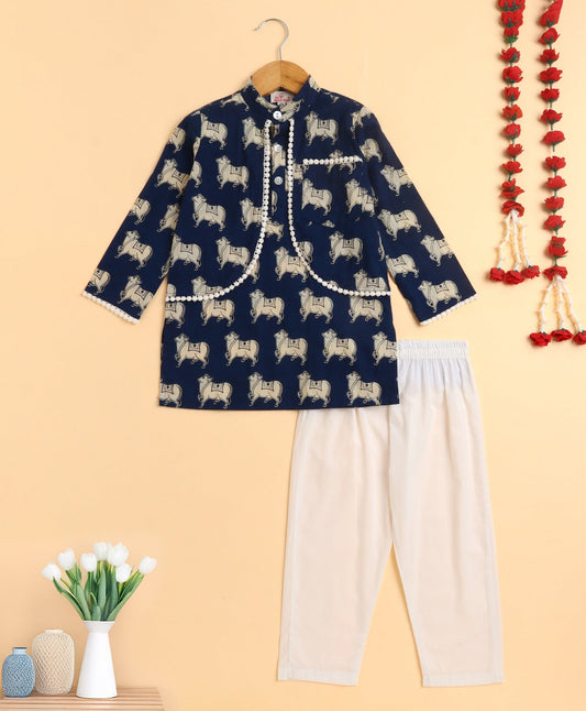 The Magic Wand Cambric Cotton Full Sleeves Cow Printed Attached Jacket Kurta and Pyjama  Set- Navy Blue