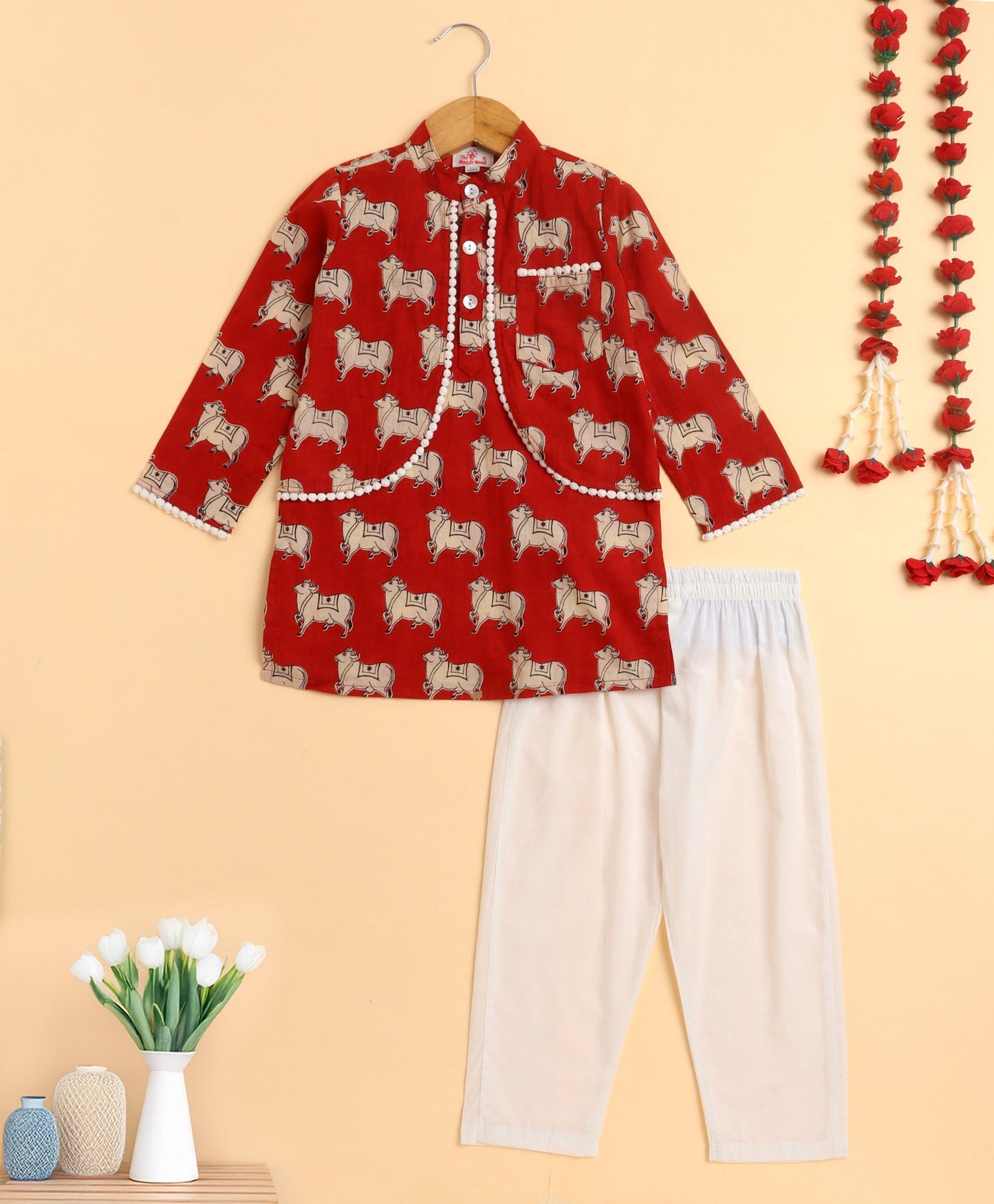 The Magic Wand Cambric Cotton Full Sleeves Cow Printed Attached Jacket Kurta and Pyjama  Set- Red