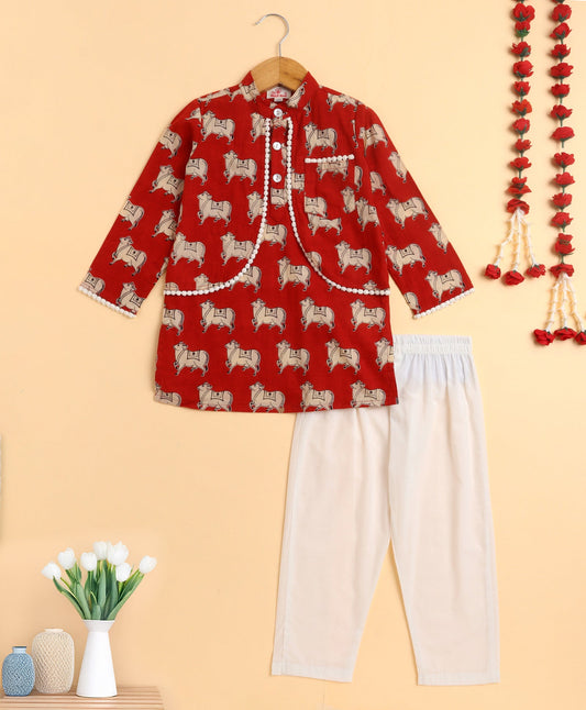 The Magic Wand Cambric Cotton Full Sleeves Cow Printed Attached Jacket Kurta and Pyjama  Set- Red