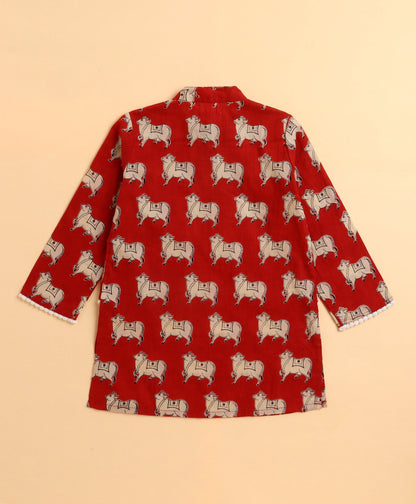 The Magic Wand Cambric Cotton Full Sleeves Cow Printed Attached Jacket Kurta and Pyjama  Set- Red
